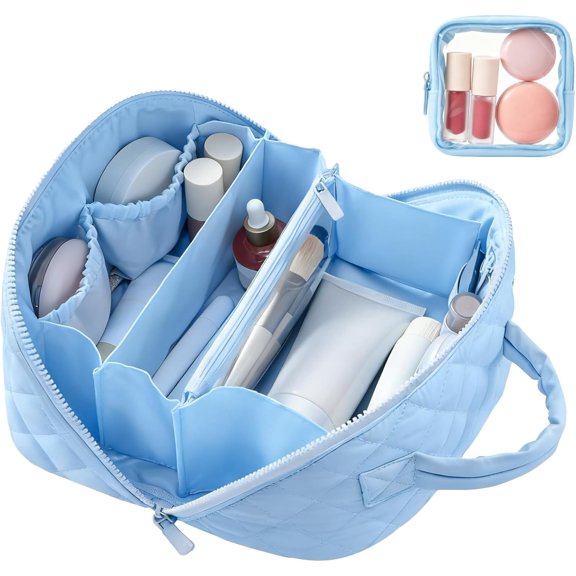 CLIQKWEN Instructor Women’s Travel Makeup Bag – 180° Lay-Flat Open Flat Design, Triple-Proof Interior, Large Capacity with Handle & Divider