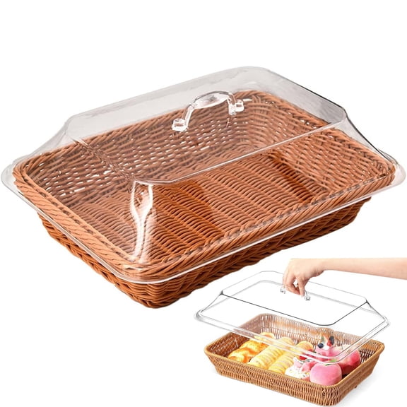 CLIQKWEN Large Bread Basket with Clear Acrylic Lid - Handwoven Rattan Style Serving Bowl for Fruits, Vegetables, Snacks, Farmhouse Kitchen Counter Display