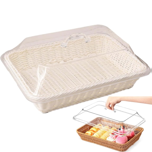 CLIQKWEN Large Bread Basket with Clear Acrylic Lid - Handwoven Rattan Style Serving Bowl for Fruits, Vegetables, Snacks, Farmhouse Kitchen Counter Display