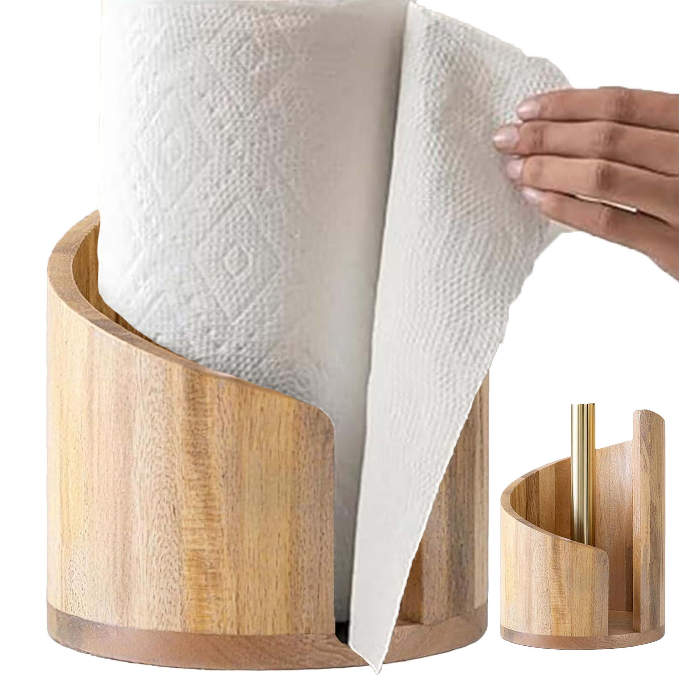 CLIQKWEN Mango Wood Round Base & Iron Countertop Paper Towel Holder – Effortless One-Hand Tearing, Fits Jumbo & Mega Rolls