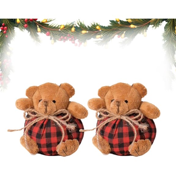 CLIQKWEN Mini Plaid Bear Christmas Ornaments - Stuffed Plush (Beige & Burgundy) with Hanging Loop, Classic Decor for Xmas Tree, Mantel & Festive Party
