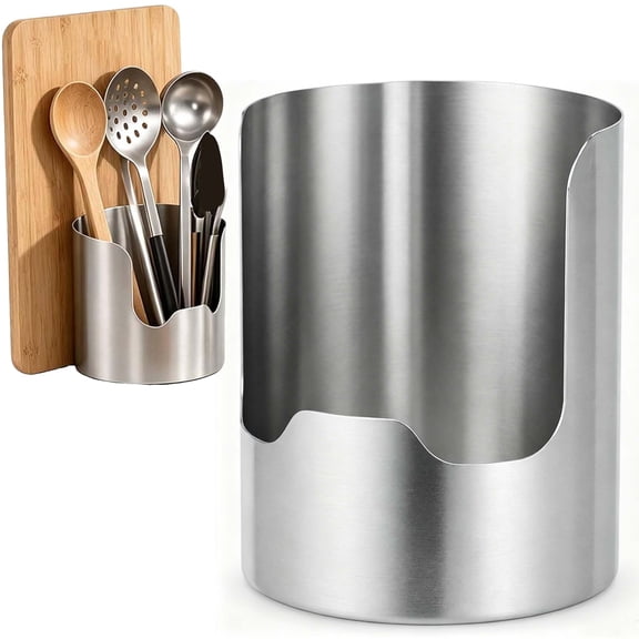 CLIQKWEN Multi-Functional Stainless Steel Kitchen Utensil Holder - Spoon Spatula Ladle Caddy with Pot Lid Rest and Cutting Board Rack