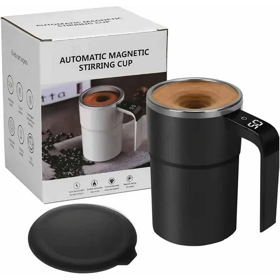 CLIQKWEN Rechargeable Self Stirring Mug - 380ml Electric Smart Magnetic Mixing Coffee Cup with Temp Display & Lid, Leakproof Automatic Travel Stirrer for Coffee Milk Cocoa