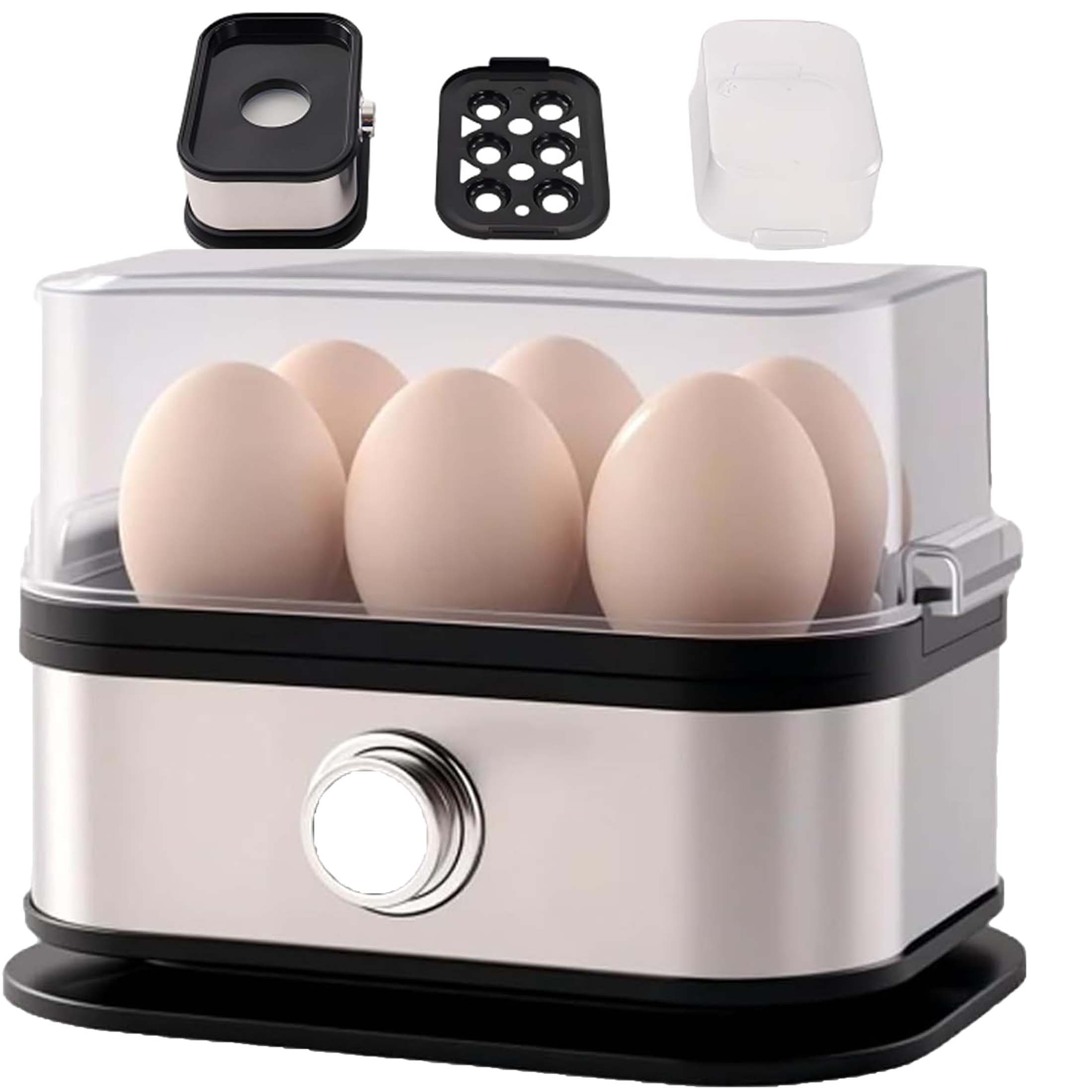 CLIQKWEN Smart Egg Cooker & Poacher - 6 Egg Capacity with Auto Shut-Off, Multi-Food Steamer Basket & Anti-Scald Tongs for Perfect Boiled, Poached, or Steamed Eggs