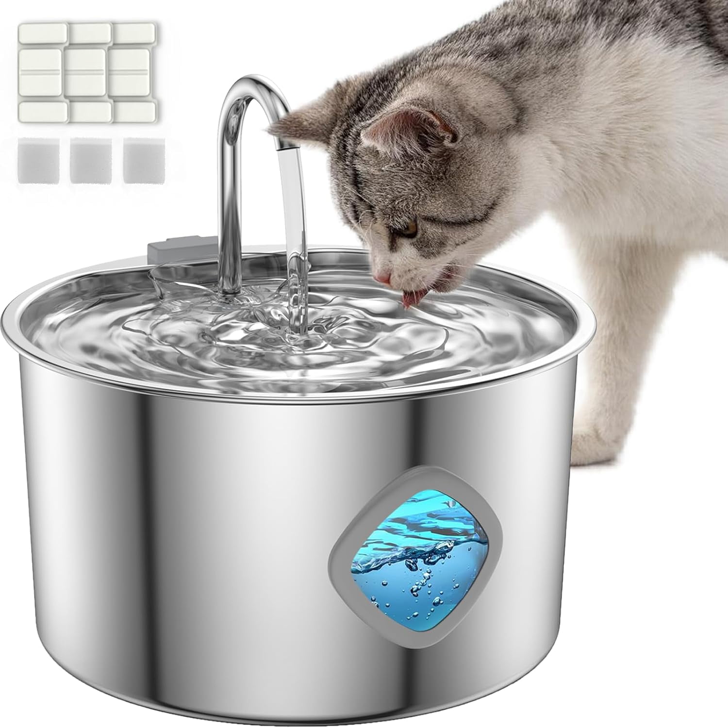 CLIQKWEN Stainless Steel Cat Dog Water Fountain [3.2L/108oz], Large Capacity Automatic Pet Water Dispenser with 3 Filters, LED Water Level Window & Easy to Clean for Multi-Pet Homes