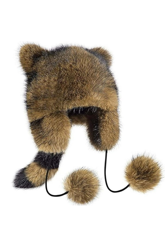 Winter Raccoon Trapper Hat with Tail - Faux Fur, Pom Poms, Parent-Child Matching