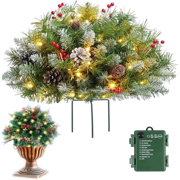 CLIQKWEN pre-lit artificial christmas tree urn filler, Prelit Holiday Planter Filler, Battery Powered Lighted Artificial Xmas Pine Trees with Tripod Stake and 60 LED Lights