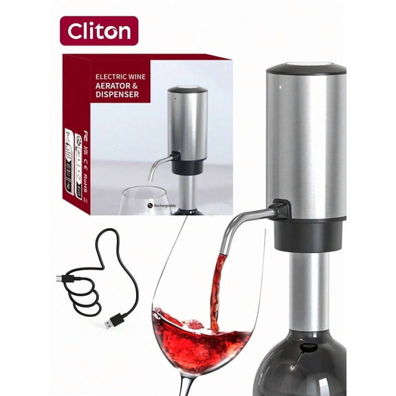 CLITON 2-in-1 Rechargeable Electric Wine Aerator Pourer - Stainless Steel, One-Touch Operation for Red/White Wine, Gift for Wine Lovers