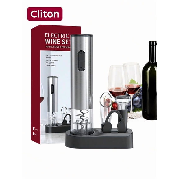 CLITON 5-In-1 Electric Wine Opener Gift Set Stainless Steel Electric Wine Bottle Opener Battery Operated Corkscrew With Foil Cutter, Wine Pour, Wine Stopper And Storage Base, Silver