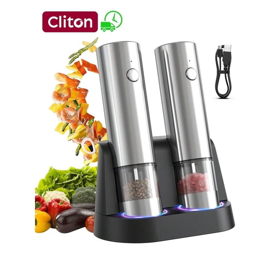 CLITON Electric Salt And Pepper Grinder Set Stainless Steel Spice Grinder Automatic Pepper Mills With Easy-To-Carry Dual Charging Station, White Led Light, And Adjustable Coarseness, Silver