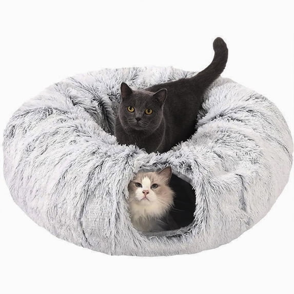 CLKHOWL Cat Tunnel Bed for Indoor Cats - Cute Cat Donut Tunnel with Washable Circle Cushion, Round Pet Play Toy for Kitten/Puppy/Rabbit, Grey