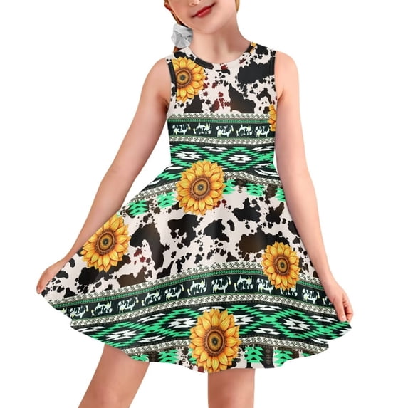 CLOHOMIN Aztec Sleeveless Princess Dresses for Girls Corgi Dog Summer Beach Dress Cow Print Sunflowers A Line Skater Dress Fashion Party Dress Size 5-6