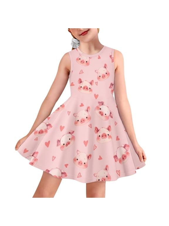 CLOHOMIN Pink Pig Junior Sleeveless Dresses for Girls Soft Round Neck Tank Sundress for Home School Holiday Playwears Comfy A Line Pleat Dress Size 9-10