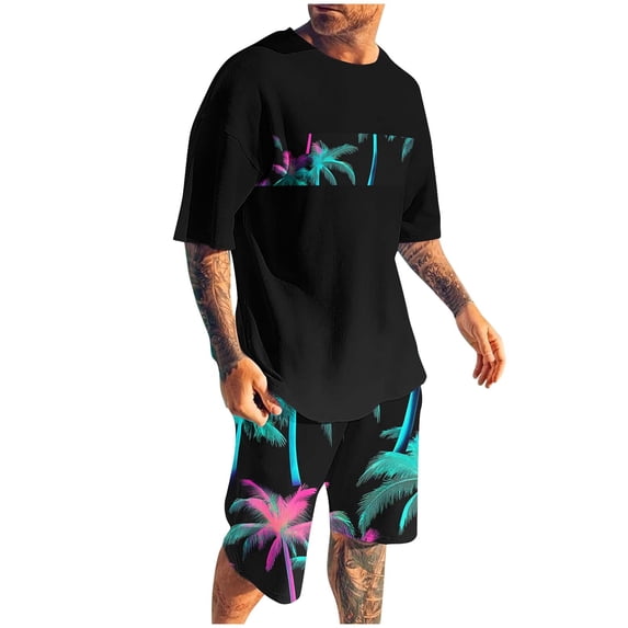 CLOISE 2 Piece Outfit for Men Short Sleeve Big and Tall Matching Outfit Slim Lounge Sets Shirts Shorts Hawaiian Beach Vacation Clothes