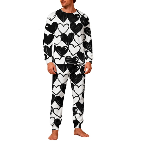 CLOISE 2 Piece Pajama Set for Men Valentines Pjs Sets Pockets Long Sleeve Tops and Pant Heart Lounge Set Loungewear White