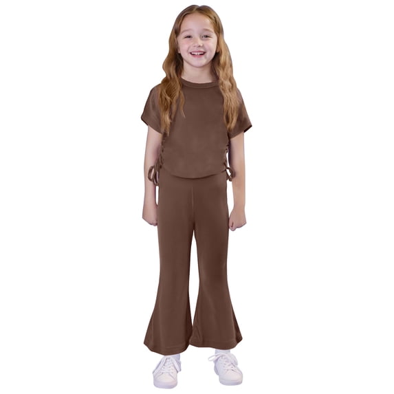 CLOISE 2 Piece Sets for Kids Girls Casual Short Sleeve Matching Sets Outfits T Shirts Flared Leg Pants Vacation Clothes