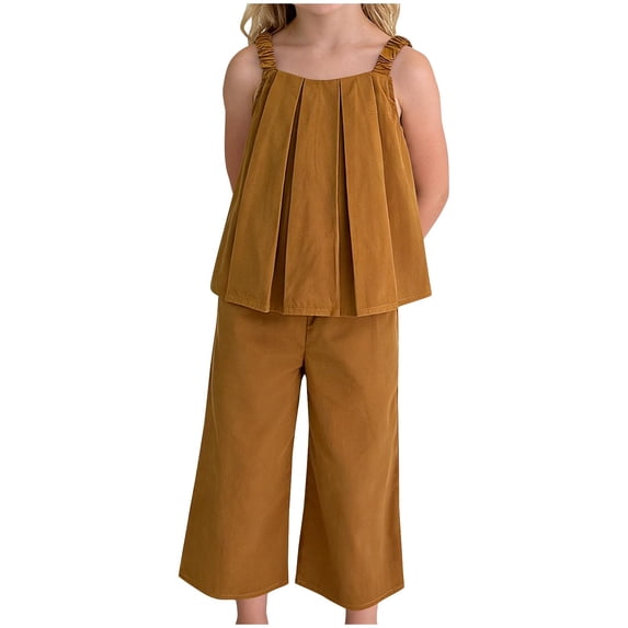 CLOISE 2 Piece Sets for Kids Girls Sleeveless Matching Sets Ruched Outfits Tank Tops Wide Leg Pants Travel Clothes