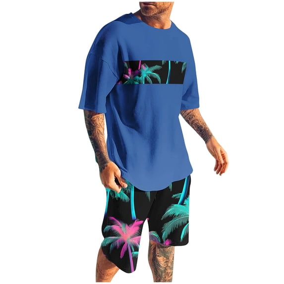 CLOISE 2 Piece Sets for Men Casual Short Sleeve Big and Tall Matching Outfit Slim Lounge Sets Shirts Shorts Hawaiian Vacation Clothes