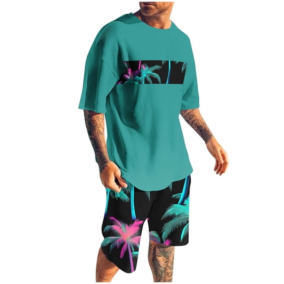 CLOISE 2 Piece Sets for Men Short Sleeve Big and Tall Matching Outfit Slim Lounge Sets Shirts Shorts Hawaiian Beach Vacation Clothes