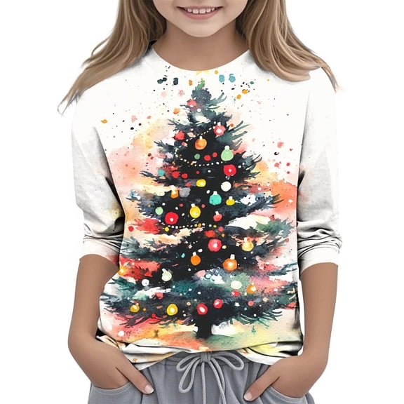 CLOISE 3/4 Length Sleeve Boys Girls Kids Tops Christmas Crew Neck Shirt Christmas Tree Graphic Pullover Cute Clothes