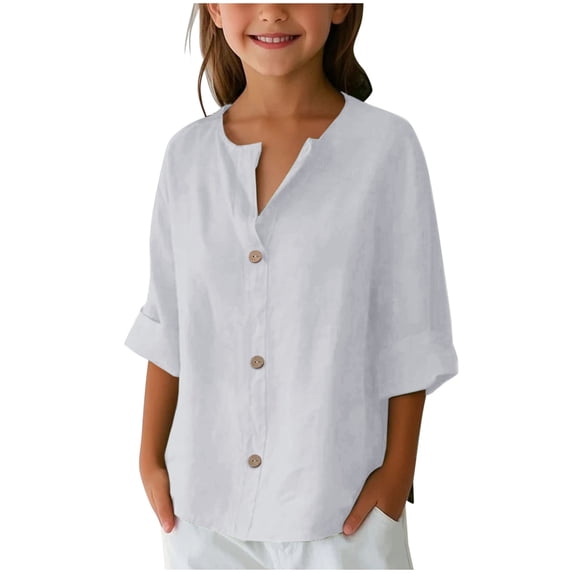 CLOISE 3/4 Length Sleeve Boys Girls Kids Tops V Neck Shirt Button Solid Color Pullover Cotton Casual Fall Winter Clothes