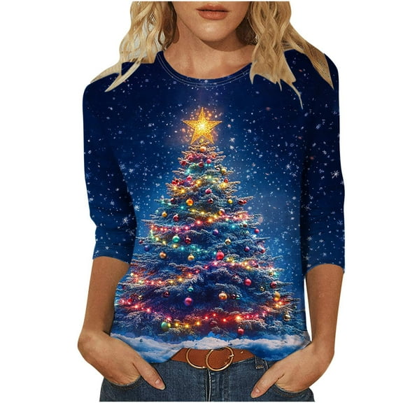 CLOISE 3/4 Length Sleeve Womens Tops Christmas Plus Size Crew Neck Shirt Christmas Tree Graphic Pullover Winter Clothes
