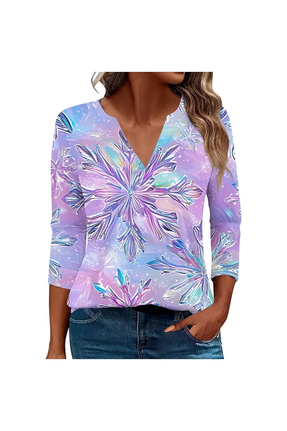 3/4 Length Sleeve Womens Tops Christmas V Neck Shirt Graphic Pullover Cute Vacation Clothes Purple S