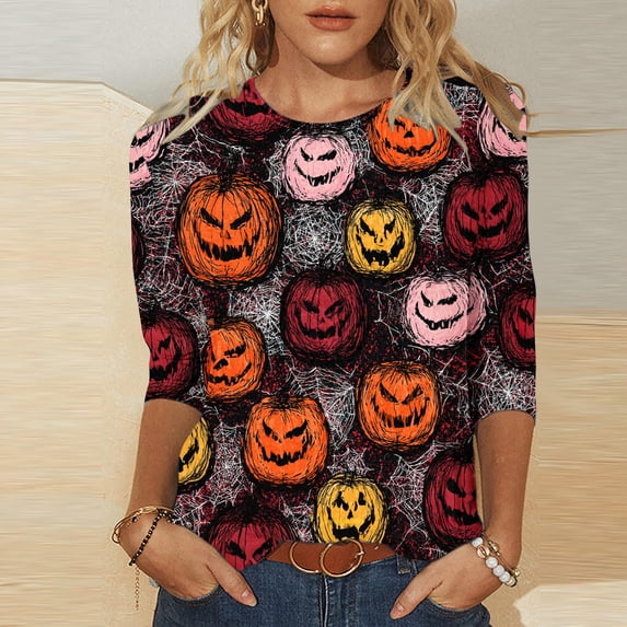 CLOISE 3/4 Length Sleeve Womens Tops Halloween Plus Size Crew Neck Trendy Shirts Pumpkin Pullover Fall Loose Clothing for Daily Wear Multicolor 5XL
