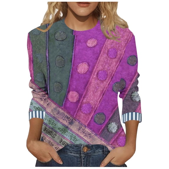 CLOISE 3/4 Length Sleeve Womens Tops Plus Size Shirts Loose Print V Neck Pullover Trendy Fall Clothes Purple 4XL