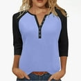 thumbnail image 1 of CLOISE 3/4 Length Sleeve Womens Tops Plus Size V Neck Shirt Button Color Block Pullover Casual Fall Winter Clothes Blue, 1 of 8