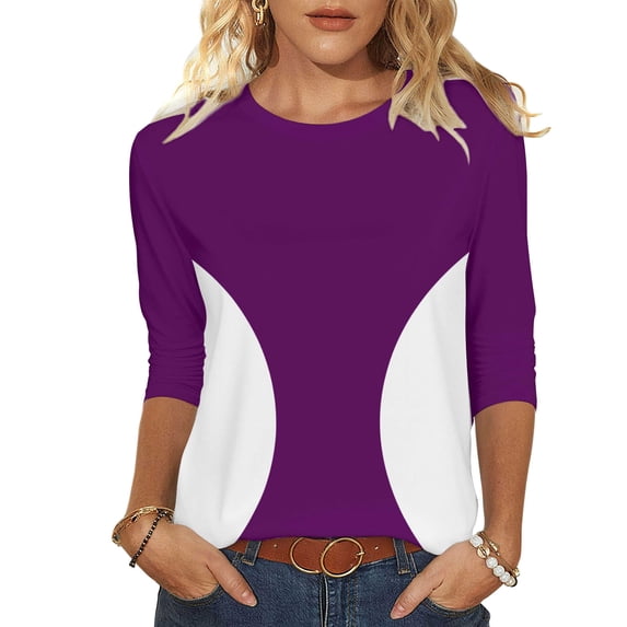 CLOISE 3/4 Length Sleeve Womens Tops Shirts Color Block Crew Neck Pullover Casual Fall Clothes Purple M