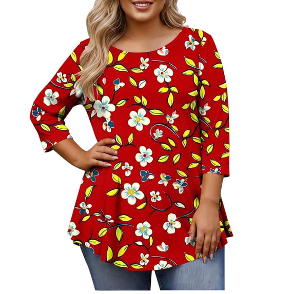 CLOISE 3/4 Length Sleeve Womens Tops Shirts Loose Floral Crew Neck Pullover Trendy Fall Tunic Clothes Red 4XL