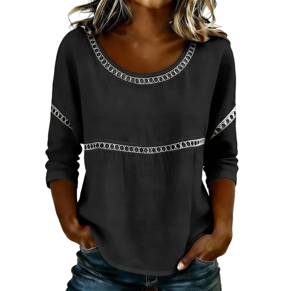 CLOISE 3/4 Length Sleeve Womens Tops Shirts Loose Solid Color Crew Neck Pullover Lace Trendy Fall Clothes Black 2XL