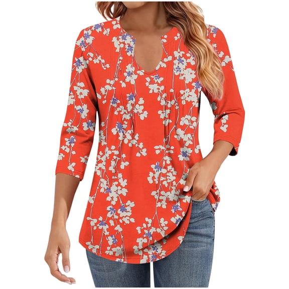 CLOISE 3/4 Length Sleeve Womens Tops Shirts Ruched Loose Floral V Neck Pullover Pleated Trendy Fall Clothes Red L