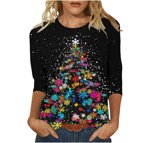 CLOISE 3/4 Sleeve Blouses for Women Christmas Plus Size Crew Neck Shirt Christmas Tree Graphic Pullover Cute Clothes