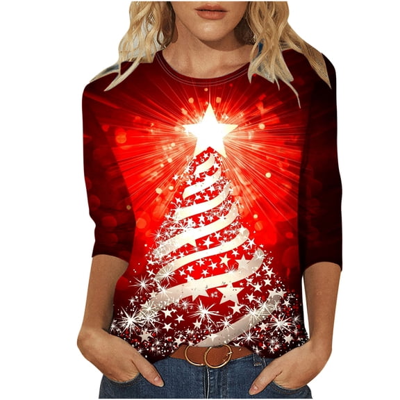 CLOISE 3/4 Sleeve Blouses for Women Christmas Plus Size Crew Neck Shirt Christmas Tree Graphic Pullover Cute Clothes