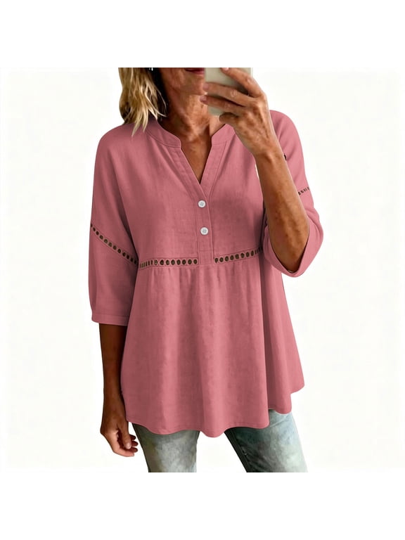 3/4 Sleeve Fall Tops for Women Plus Size Shirts Cut Out Loose Solid Color V Neck Pullover Cotton Blend Trendy Tunic Clothes Hot Pink L