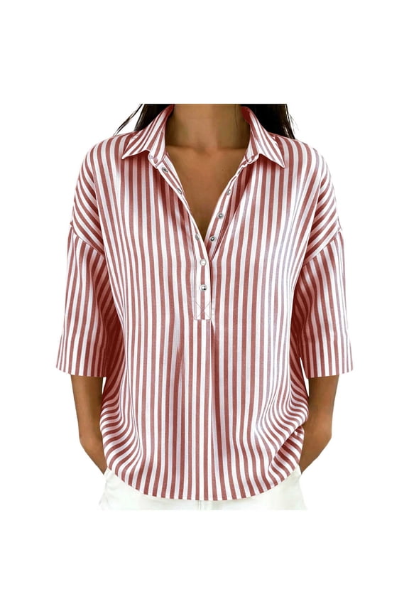 3/4 Sleeve Fall Tops for Women Shirts Striped Collared Pullover Trendy Clothes Red XL
