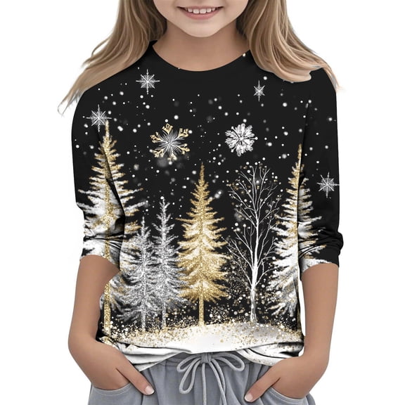 CLOISE 3/4 Sleeve T Shirts for Boys Girls Kids Christmas Crew Neck Tops Christmas Tree Graphic Pullover Cute Clothes