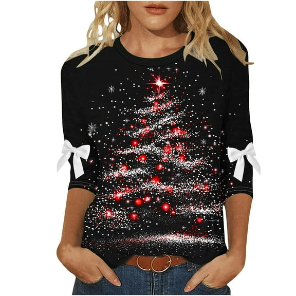 CLOISE 3/4 Sleeve T Shirts for Women Christmas Plus Size Crew Neck Tops Christmas Tree Graphic Pullover Cute Clothes