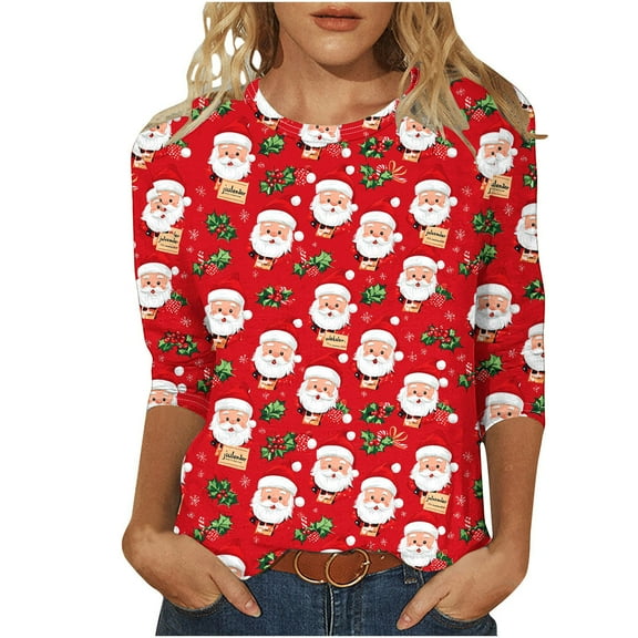 CLOISE 3/4 Sleeve T Shirts for Women Christmas Plus Size Crew Neck Tops Graphic Pullover Cute Vacation Clothes Red M