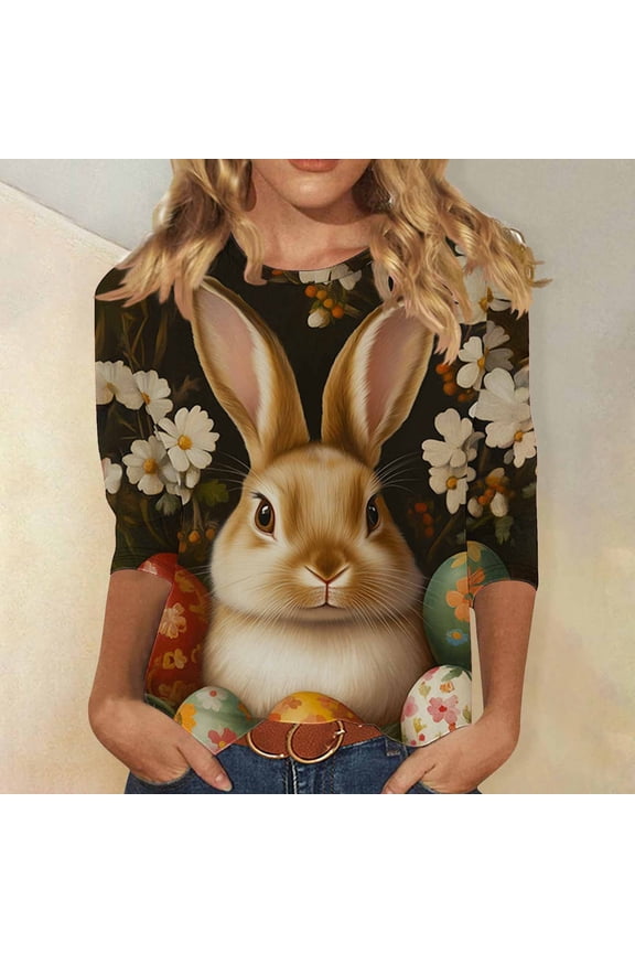 3/4 Sleeve T Shirts for Women Easter Plus Size Tops Crewneck Holiday Pullover Bunny Holiday Blouses Multicolor