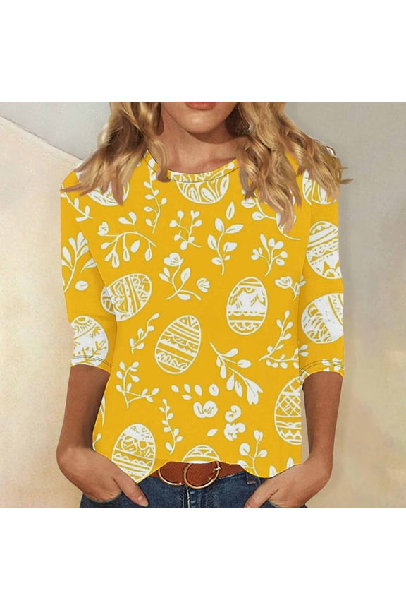 3/4 Sleeve T Shirts for Women Easter Plus Size Tops Crewneck Holiday Pullover Easter Eggs Holiday Blouses Multicolor
