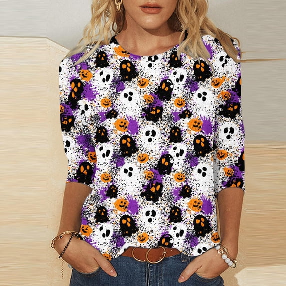 CLOISE 3/4 Sleeve T Shirts for Women Halloween Plus Size Crew Neck Trendy Tops Ghost Pullover Fall Loose Clothing for Daily Wear Multicolor XL
