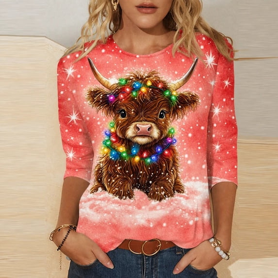 CLOISE 3/4 Sleeve T Shirts for Women Plus Size Christmas Cow Crew Neck Pullover Tee Tops Slim Festive Holiday Photos Clothes Red M