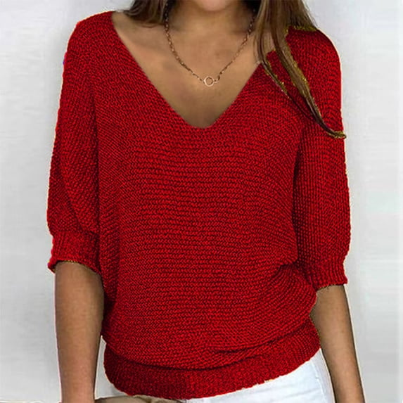 CLOISE 3/4 Sleeve T Shirts for Women Plus Size Tops V Neck Casual Pullover Solid Color Loose Summer Blouses Red M