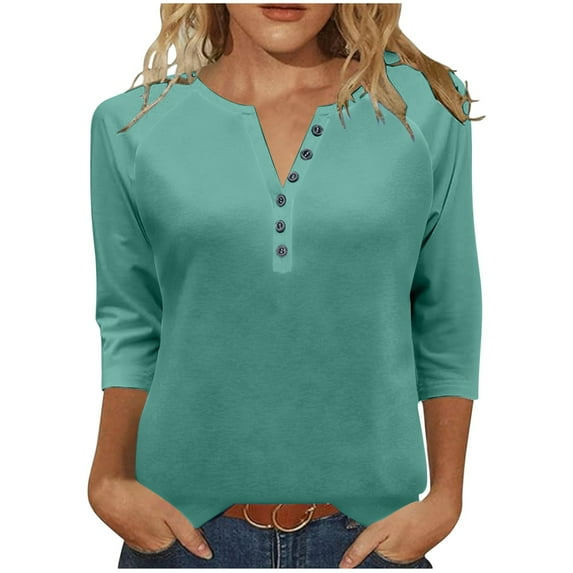 CLOISE 3/4 Sleeve T Shirts for Women Plus Size V Neck Tops Button Solid Color Pullover Casual Fall Winter Clothes Green