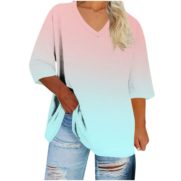 CLOISE 3/4 Sleeve T Shirts for Women Plus Size V Neck Tops Gradient Pullover Casual Vacation Clothes Pink 5XL