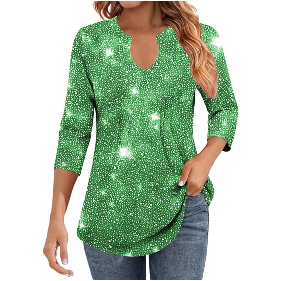 CLOISE 3/4 Sleeve T Shirts for Women V Neck Tops Graphic Pullover Cute Fall Winter Clothes Green 2XL