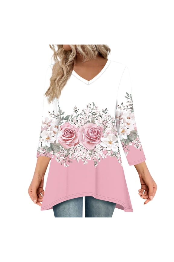 3/4 Sleeve T Shirts for Women V Neck Tops Tunic Graphic Pullover Cute Vacation Clothes Pink 2XL